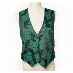 Vintage Ms Choice Women Small Green Black Floral Burnout Brocade Vest Tie Satin